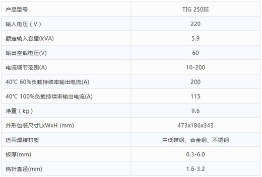 3499拉斯维加斯TIG 250III焊机技术参数